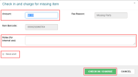 Check in an charge for missing item dialog