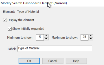 Modify Search Dashboard Element (Narrow) dialog box
