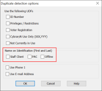 Duplicate detection options, Name on Identification setting