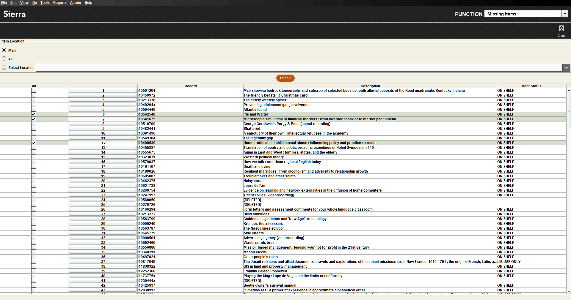 Click to expand The Missing items screen with all the items in the On Search (missing) file.