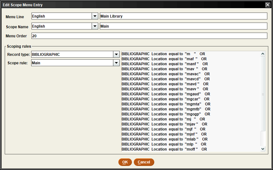 Click to expand The Edit Scope Menu Entry window with options to edit the entry.
