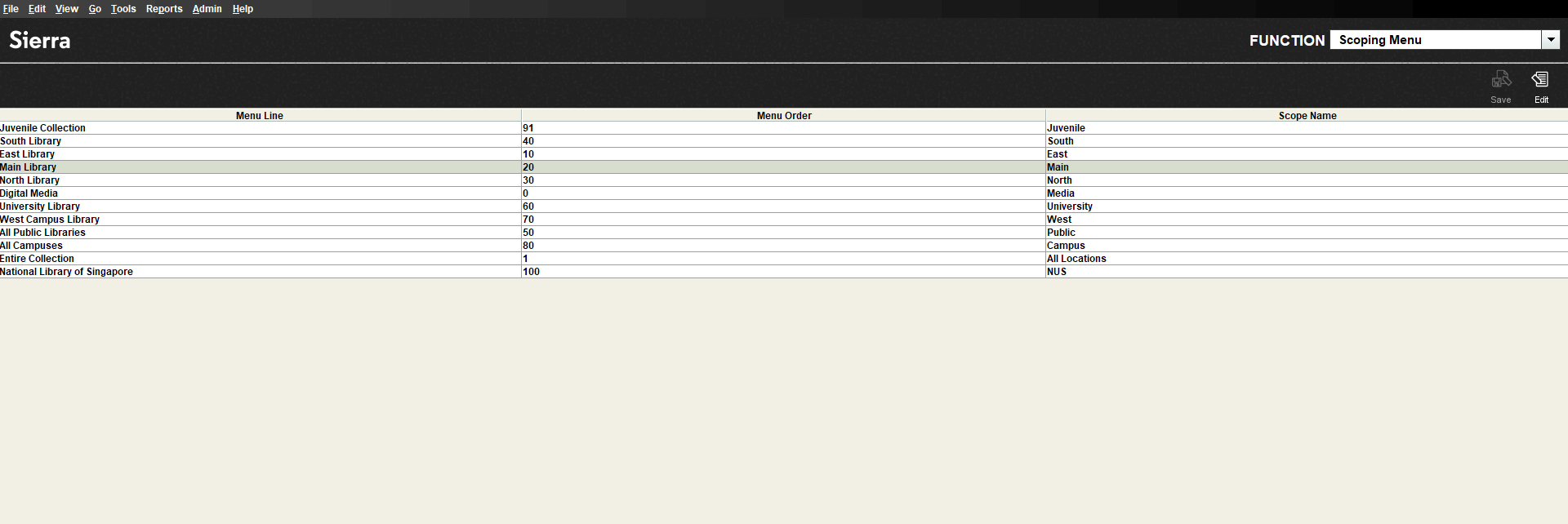 Click to expand The Scoping Menu screen in the Sierra client, listing all scoping menu entries.