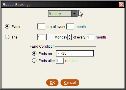 Repeat Monthly Bookings dialog
