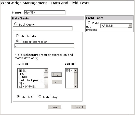 WebBridge Management - Data Test menu