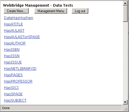 WebBridge Management - Data Tests menu