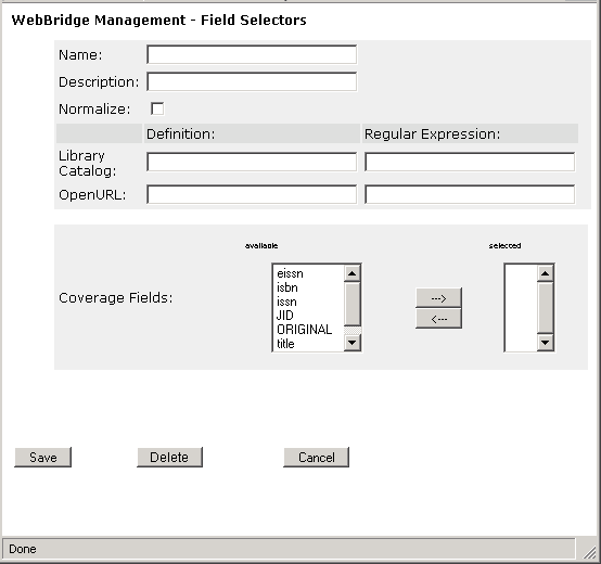 WebBridge Management - Field Selectors menu: Create New