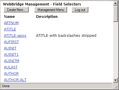 WebBridge Management - Field selectors menu