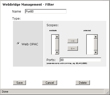 WebBridge Management - Filters menu