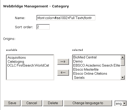 WebBridge Management - Filters menu