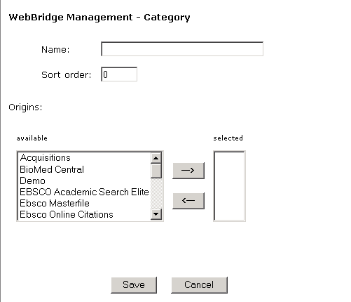 WebBridge Management - Category menu: Create New