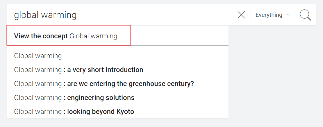 A search for global warming with Smart Search suggestions.